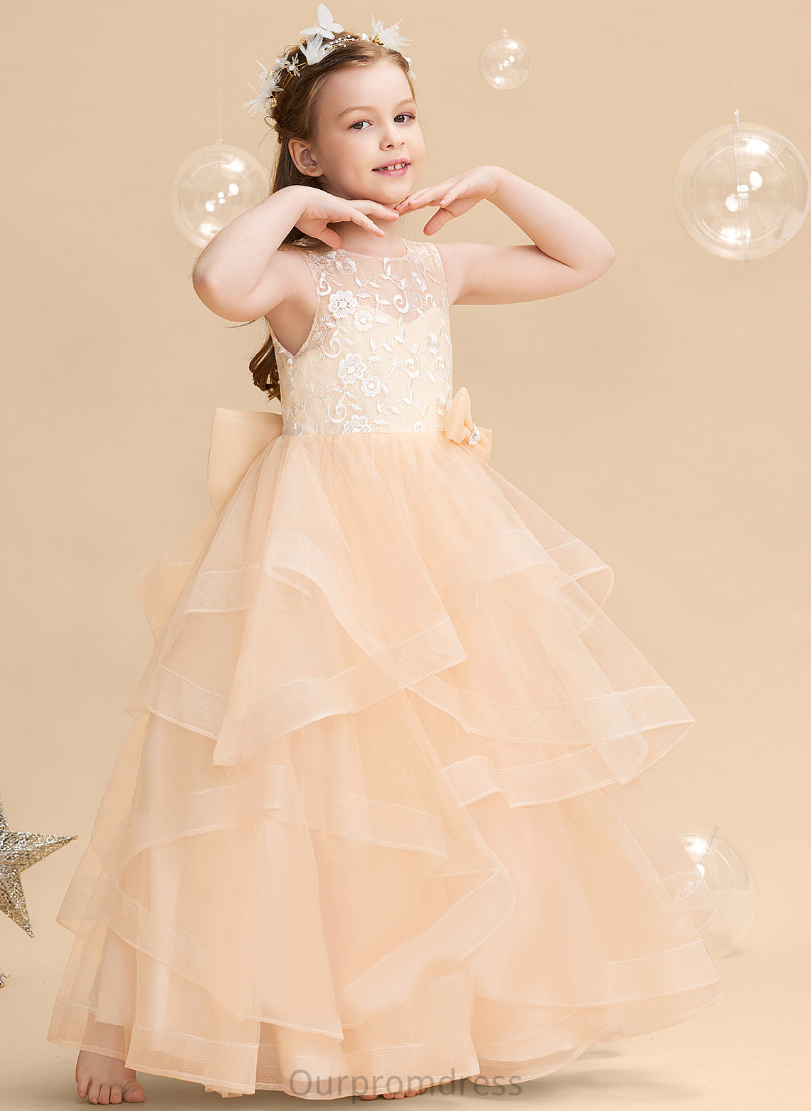 Dress Flower Suzanne Girl Back Sleeveless Flower Girl Dresses - Ball-Gown/Princess Scalloped Neck With Lace/Flower(s)/Bow(s)/V Tulle Floor-length