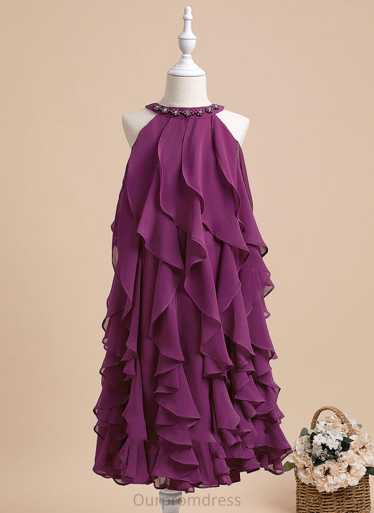 Neck Chiffon Tea-length Beading Flower Girl Dresses Girl With - Scalloped Maeve Sleeveless A-Line Flower Dress