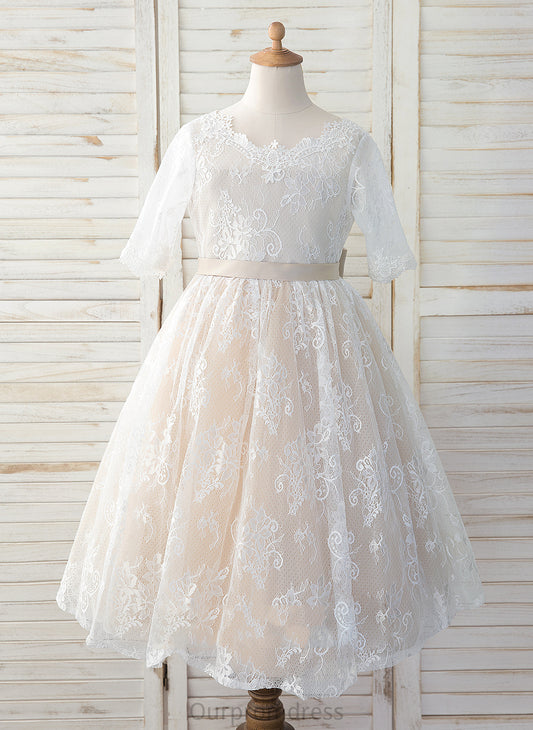 Neck Scoop Sleeves With Flower Tulle/Lace Dress Brittany A-Line Tea-length Flower Girl Dresses Bow(s) - 3/4 Girl