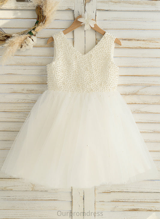 Beading Flower Girl Dresses Flower Knee-length Satin/Tulle Sleeveless - Dress Cassidy Girl A-Line With V-neck