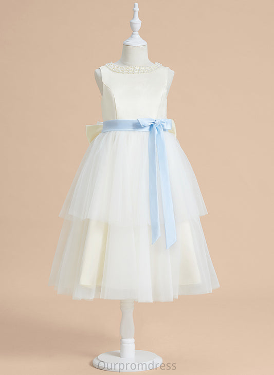 Sash/Beading/Bow(s) Neck Satin/Tulle Girl Tea-length - Scoop With Flower Girl Dresses Jaslene A-Line Sleeveless Flower Dress