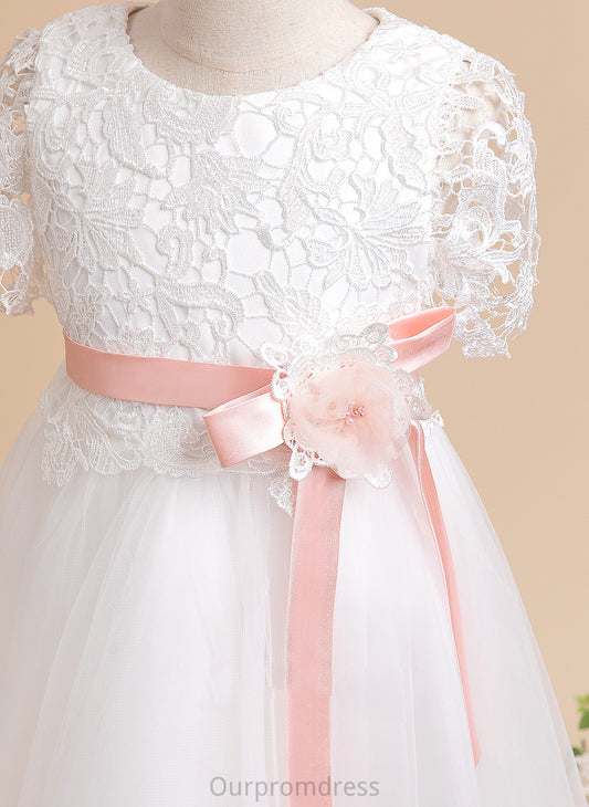 Knee-length Tulle/Lace Scoop Sash/Flower(s) Neck A-Line Dress Flower With America Short Flower Girl Dresses Girl - Sleeves