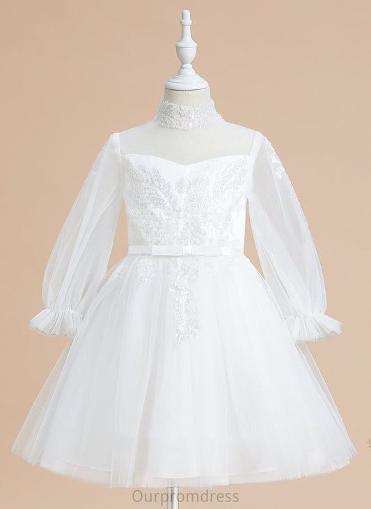 Sequins Girl Dress High - Flower Long Sleeves Neck A-Line With Knee-length Flower Girl Dresses Tulle Angela