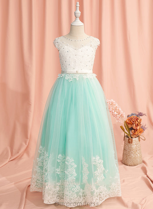 Tulle Girl Flower Girl Dresses - Lace/Beading/Bow(s)/V Back Neck Ball-Gown/Princess Sleeveless Flower Scoop Taniyah Floor-length With Dress