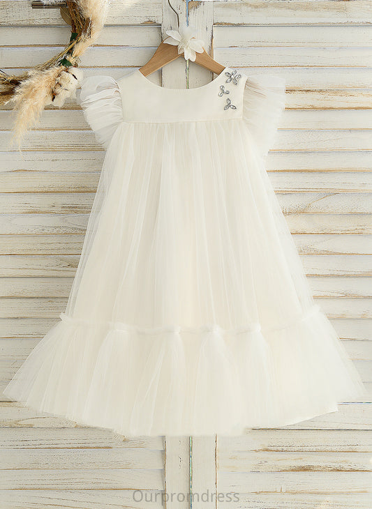 Satin/Tulle Flower Girl Dresses Sleeveless Flower Girl Neck Dress Martina Scoop With Ruffles - Knee-length A-Line