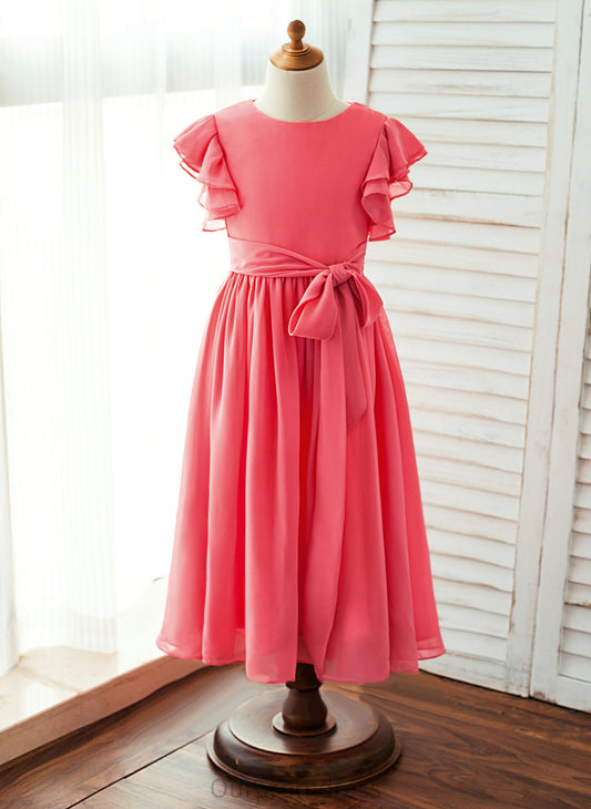 Short Marley Ankle-length - Neck Dress With A-Line/Princess Flower Girl Sash Scoop Chiffon Flower Girl Dresses Sleeves