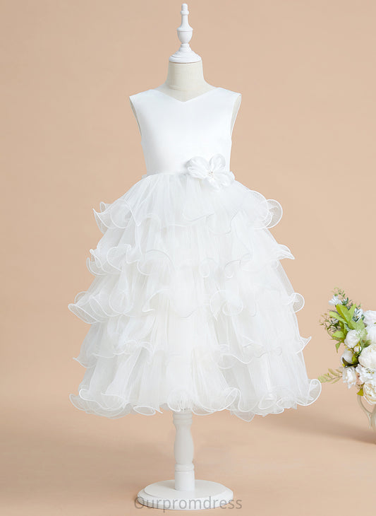 With Ball-Gown/Princess Tea-length Halle Flower Girl Dresses Bow(s) Satin/Tulle Flower - Sleeveless Dress Girl V-neck