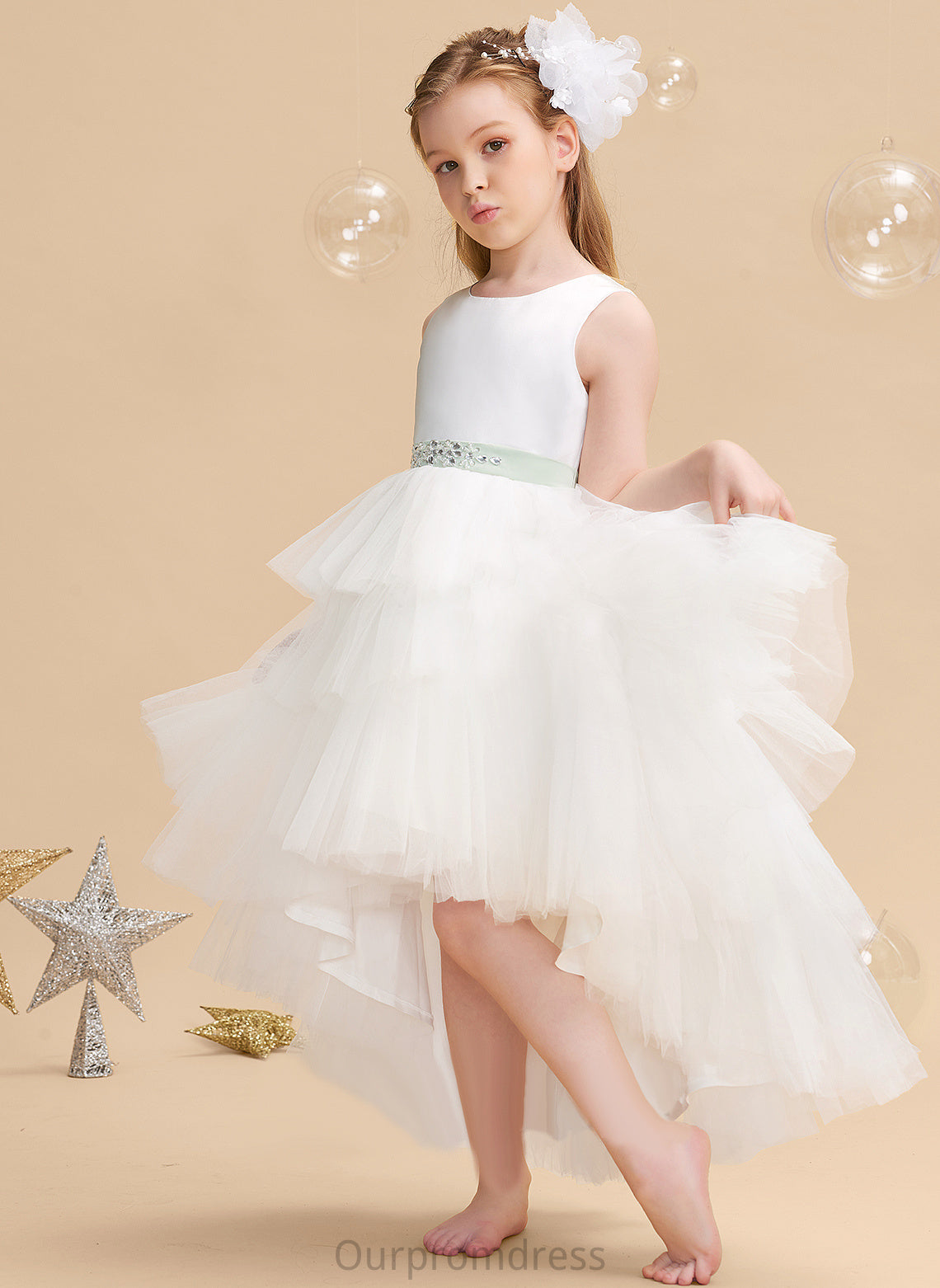 Dress Neck Flower Sash/Beading Girl Tulle Sleeveless Scoop Asymmetrical Ball-Gown/Princess (Detachable With Stephanie Flower Girl Dresses sash) -