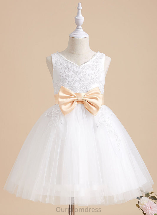 Sleeveless - Tulle/Lace Sash/Beading/Bow(s) Dress V-neck Flower A-Line Flower Girl Dresses Knee-length With Girl Alexia