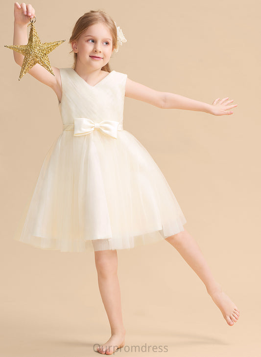 - V-neck Flower Girl Dresses With Bow(s) Tulle Flower Dress Carleigh A-Line Knee-length Girl Sleeveless