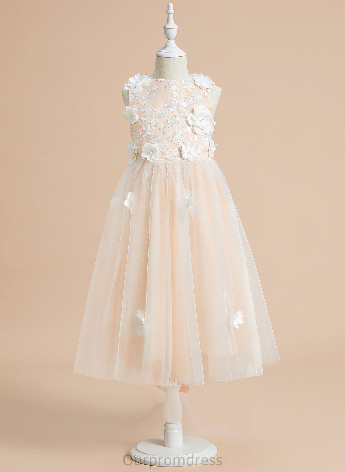 Aurora Tulle With Scoop Flower - Neck Tea-length Girl Sleeveless A-Line Flower Girl Dresses Flower(s)/Bow(s) Dress