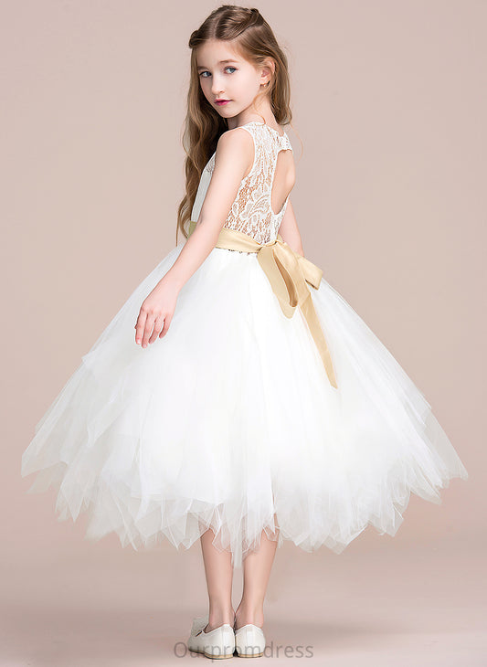 Girl With Sage Neck Flower Girl Dresses Hole Sash/Back Scoop (Detachable Tulle/Lace sash) A-Line - Sleeveless Tea-length Dress Flower