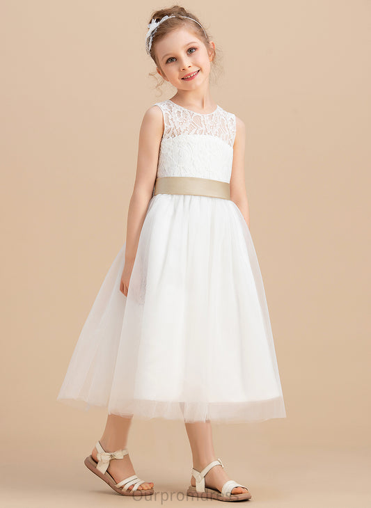 Scoop Sash/Bow(s)/Back - Hole A-Line/Princess Tea-length Flower Flower Girl Dresses Joan Sleeveless Dress With Tulle/Lace Neck Girl