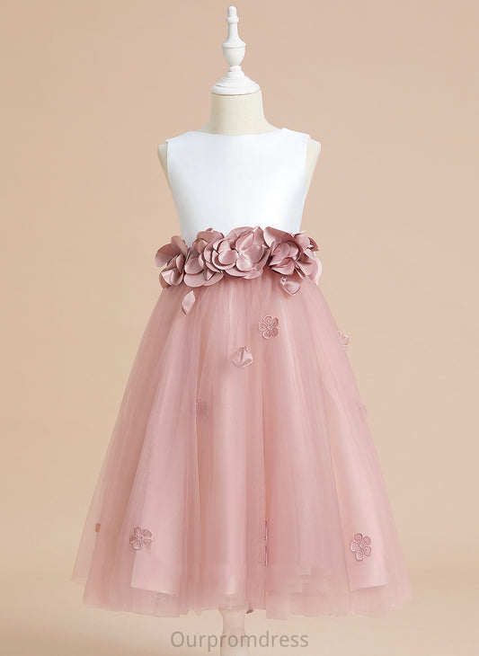 Tea-length - With Flower Flower Girl Dresses Scoop Dress Girl Neck Norah Sleeveless A-Line Flower(s)/Bow(s) Satin/Tulle