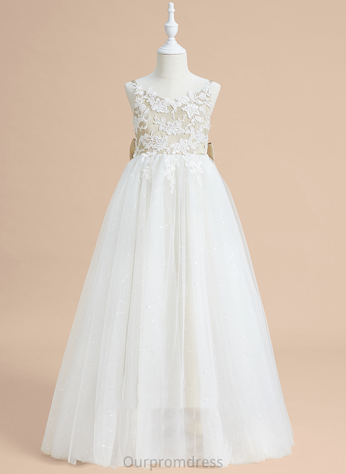 Ball-Gown/Princess Sleeveless Dress Flower Floor-length With Lace/Bow(s) - Maci Satin/Tulle Girl V-neck Flower Girl Dresses