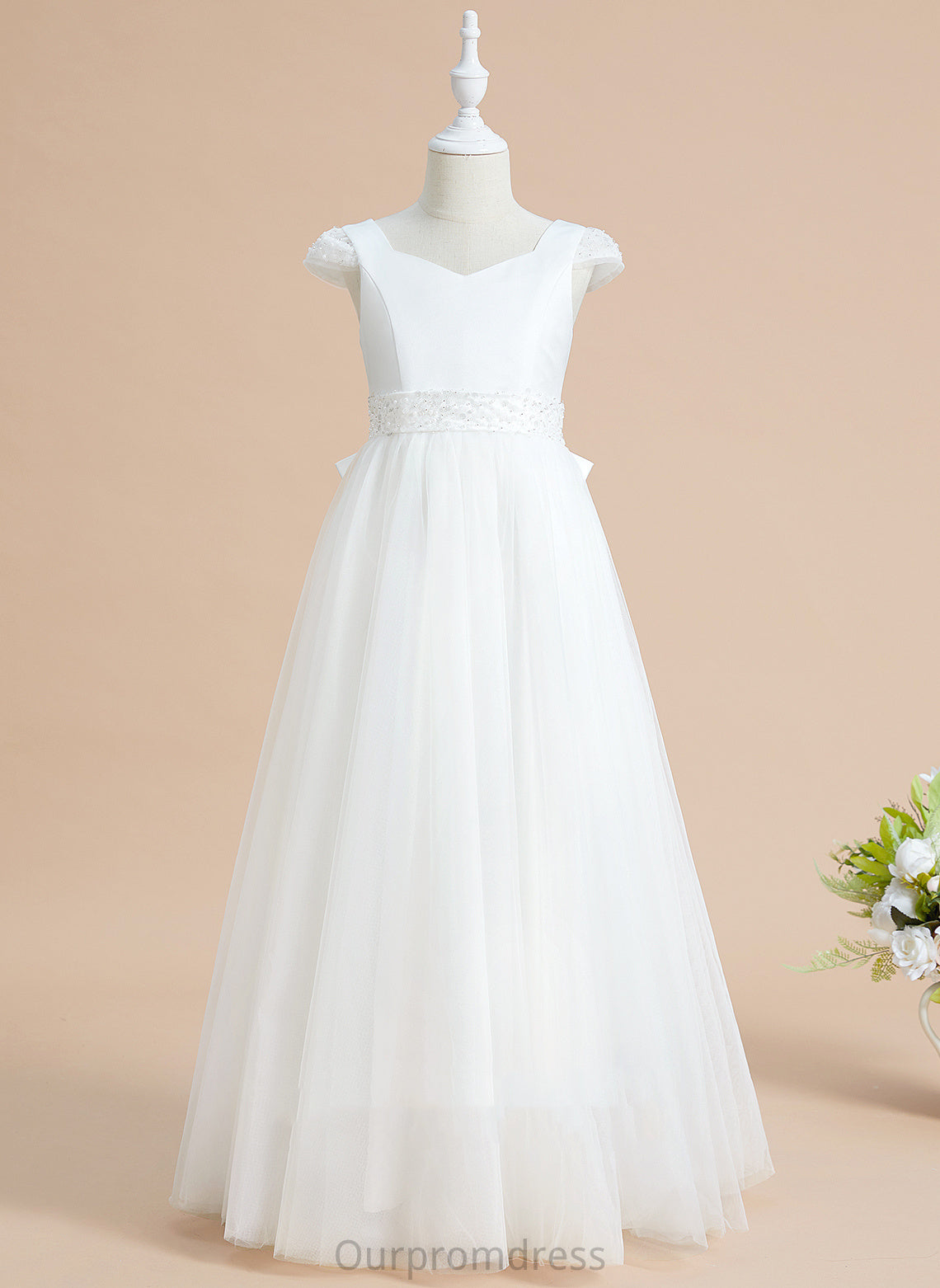 With V-neck Floor-length Ball-Gown/Princess Flower Girl Dresses Short Sleeves Alana Girl Flower Beading/Bow(s) Dress - Satin/Tulle