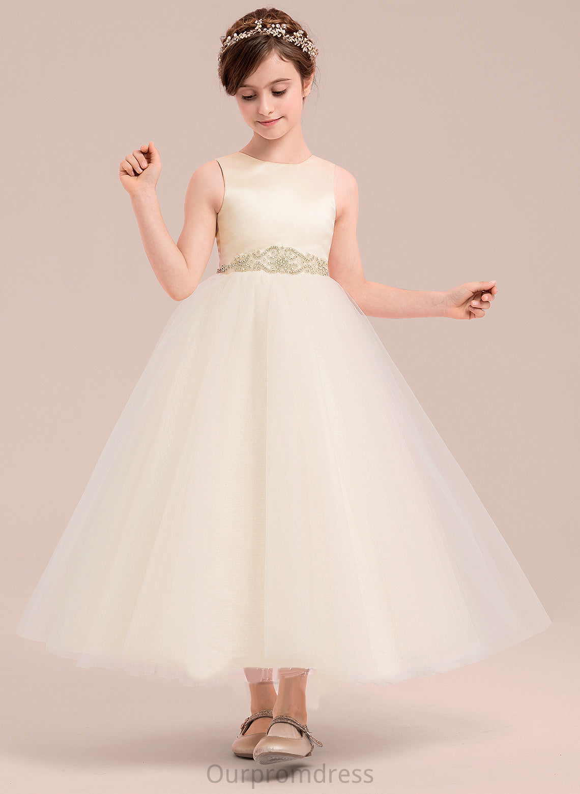 Flower Girl A-Line Flower Girl Dresses Satin/Tulle Cristal - Beading Neck With Dress Sleeveless Scoop Ankle-length