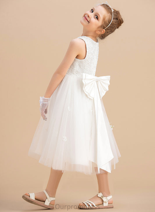 Flower Girl Dresses - Sleeveless Bow(s) Dress Satin/Tulle Flower Girl Scoop A-Line With Neck Maleah Tea-length