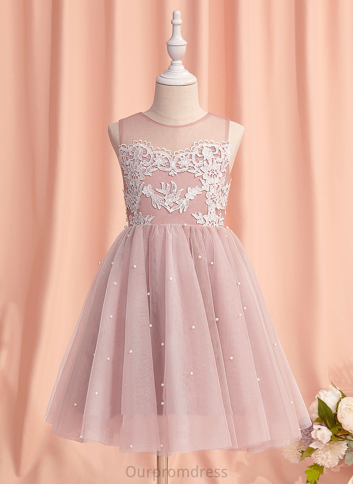 Sleeveless Dress A-Line Tulle Lilian With Flower Flower Girl Dresses Lace/Beading Neck Girl Scoop - Knee-length