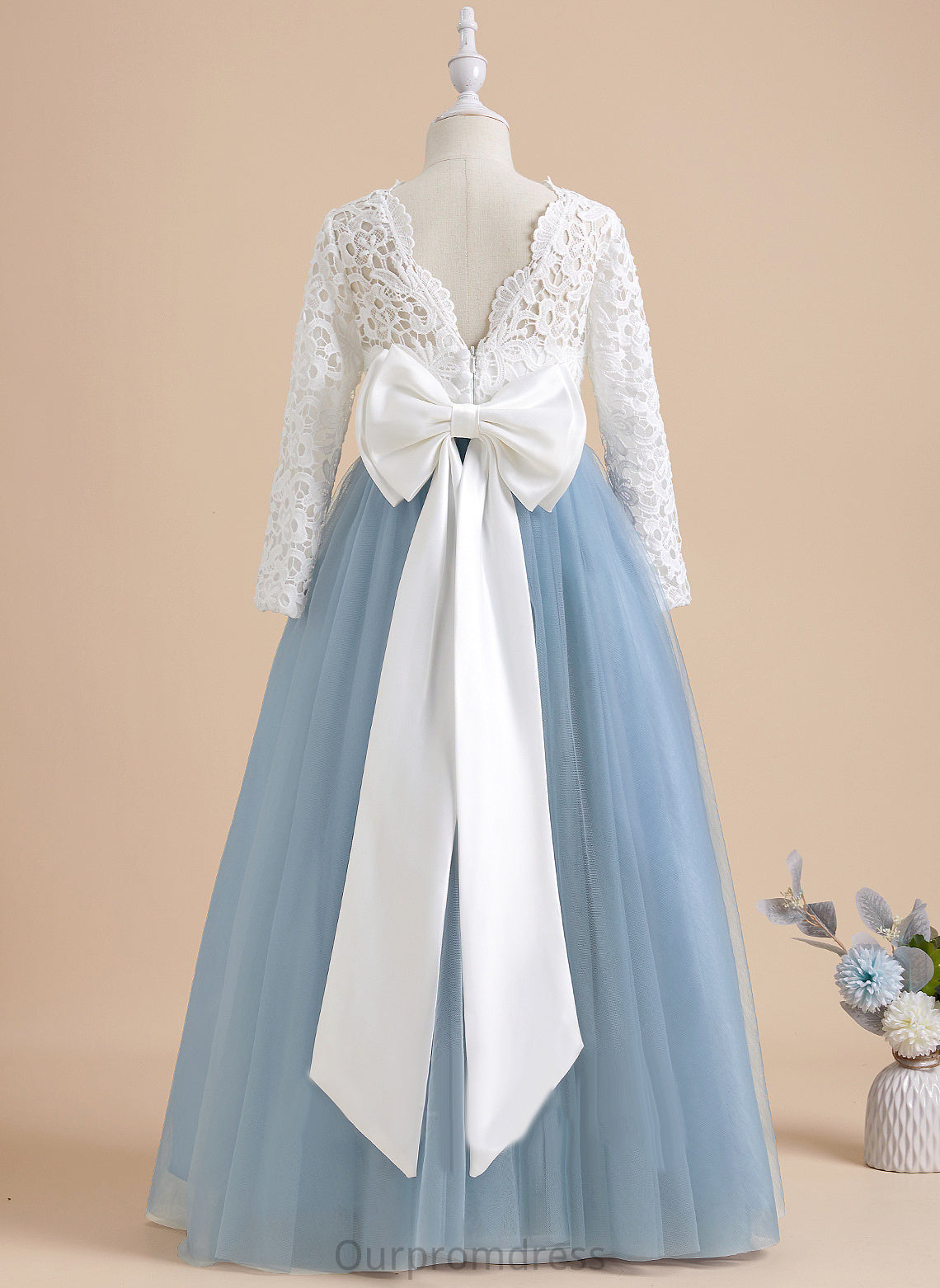 Bow(s)/V With - Lizbeth Sleeves Back Flower Girl Dresses Neck Dress Ball-Gown/Princess Flower Long Scoop Tulle/Lace Girl Floor-length