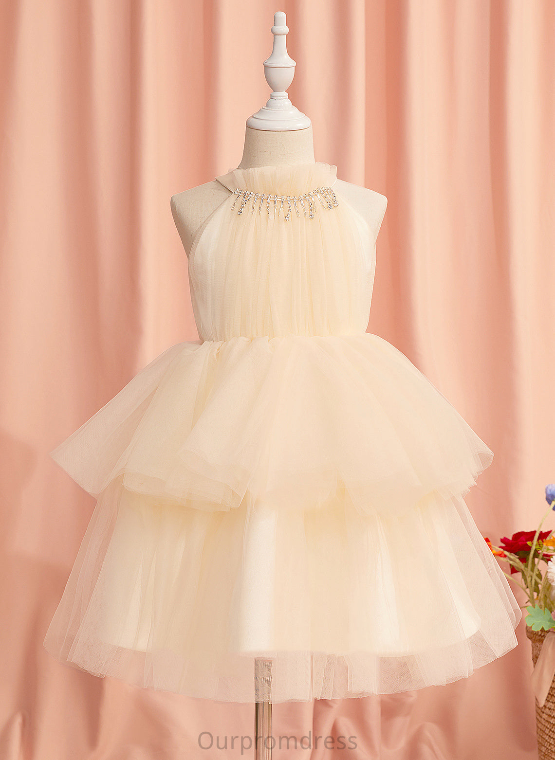 Flower Girl Dresses Mira Knee-length Flower High Sleeveless With Ball-Gown/Princess Tulle Neck Dress Girl - Rhinestone