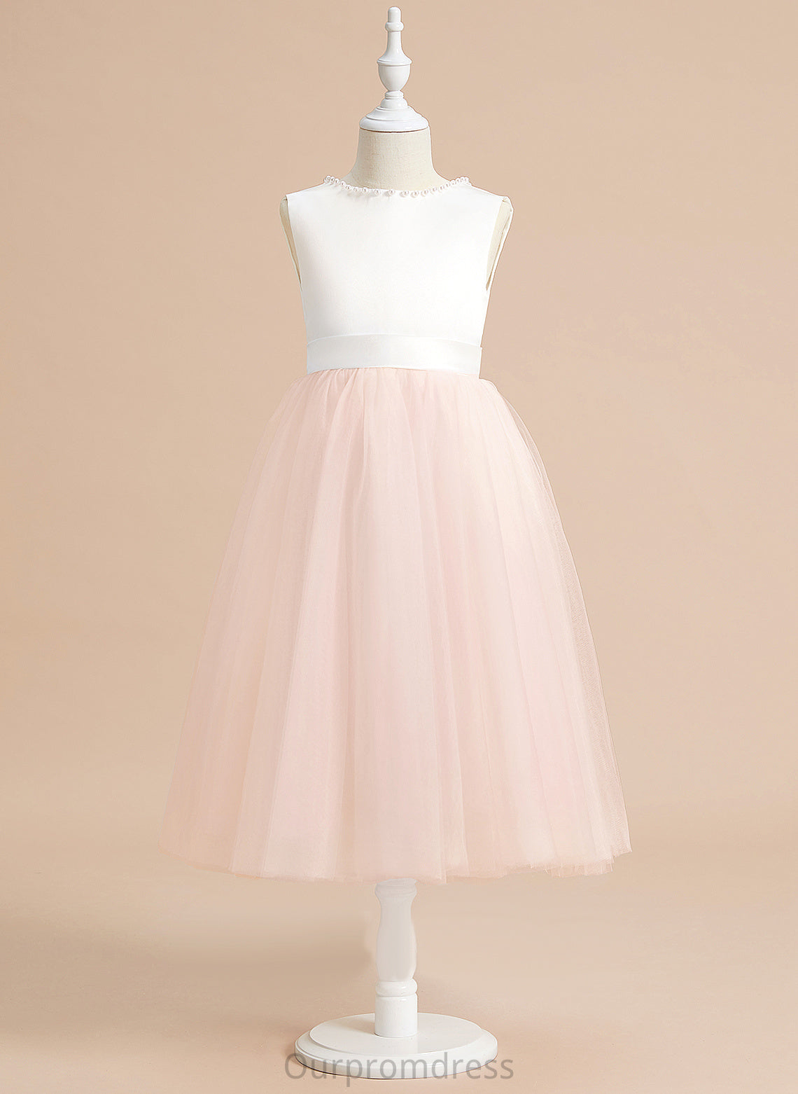 Beading/Bow(s) Neck Scoop Dress Satin/Tulle Abby Girl Flower Girl Dresses Sleeveless Tea-length A-Line - With Flower