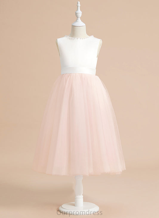 Beading/Bow(s) Neck Scoop Dress Satin/Tulle Abby Girl Flower Girl Dresses Sleeveless Tea-length A-Line - With Flower