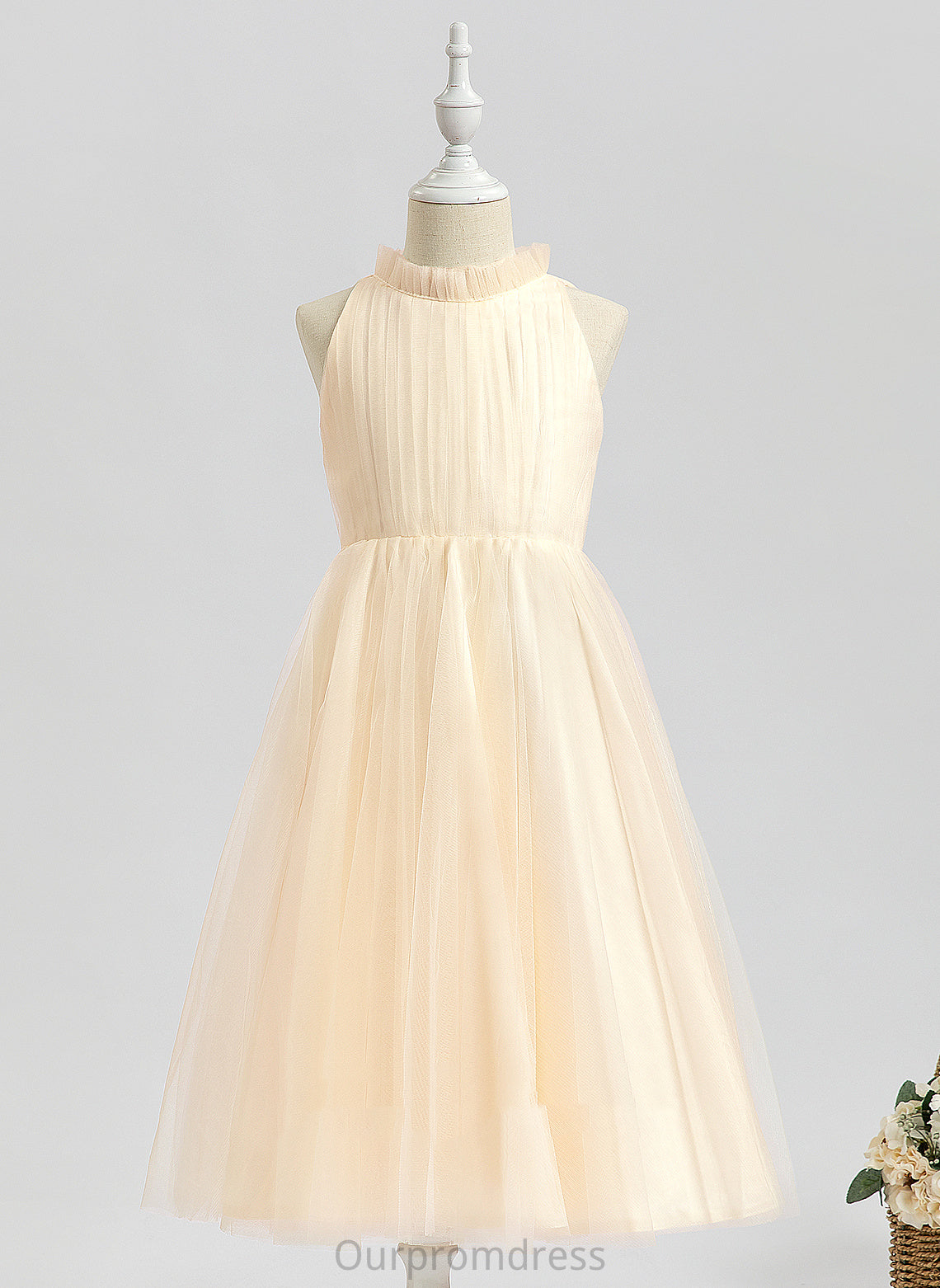 Tea-length A-Line Sleeveless Dress Journey Tulle - High Neck Girl Flower Flower Girl Dresses