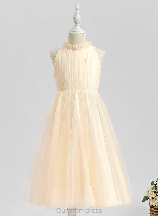 Tea-length A-Line Sleeveless Dress Journey Tulle - High Neck Girl Flower Flower Girl Dresses