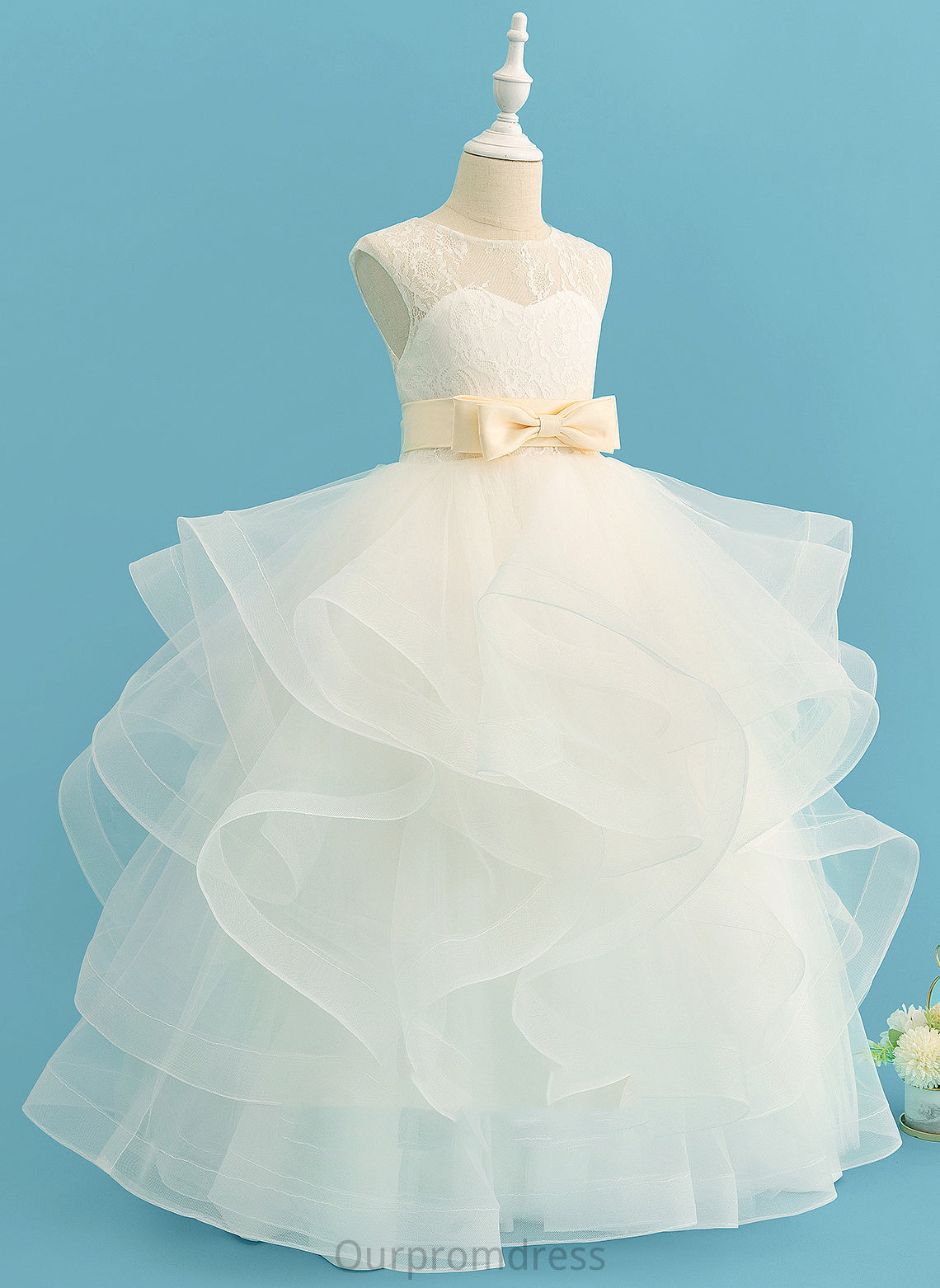 (Detachable sash) Flower With Ball-Gown/Princess Flower Girl Dresses Girl Bow(s) Satin/Tulle/Lace Neck Floor-length Dress - Armani Scoop Sleeveless