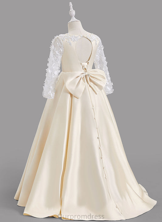 Dress Satin Flower Train Bow(s)/Back A-Line With Scoop Rosemary Girl Long Sweep Sleeves - Hole Flower Girl Dresses Neck