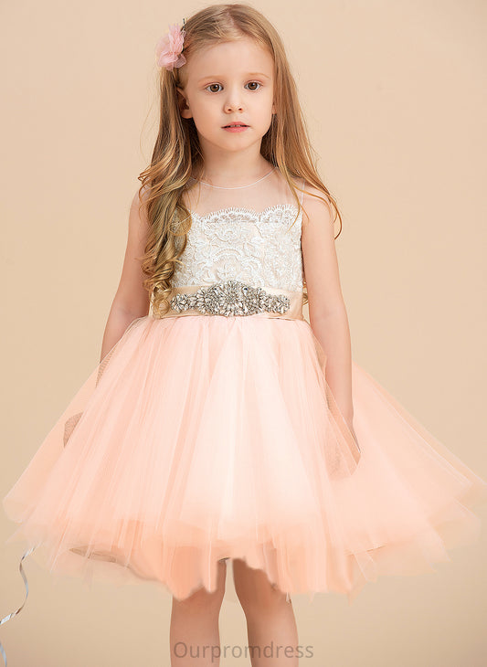 Scoop With Flower Flower Girl Dresses A-Line Beading Girl Satin/Tulle/Lace Dress Knee-length Neck (Undetachable Molly sash) - Sleeveless