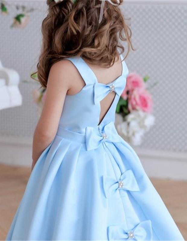 Princess A Line Sky Blue Satin Flower Girl Dresses with Bowknot, Baby Dresses STG15586