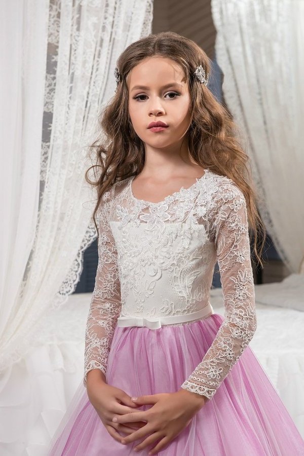 2024 Scoop Flower Girl Dresses Long Sleeves Tulle With Applique And PN3SD1ZM