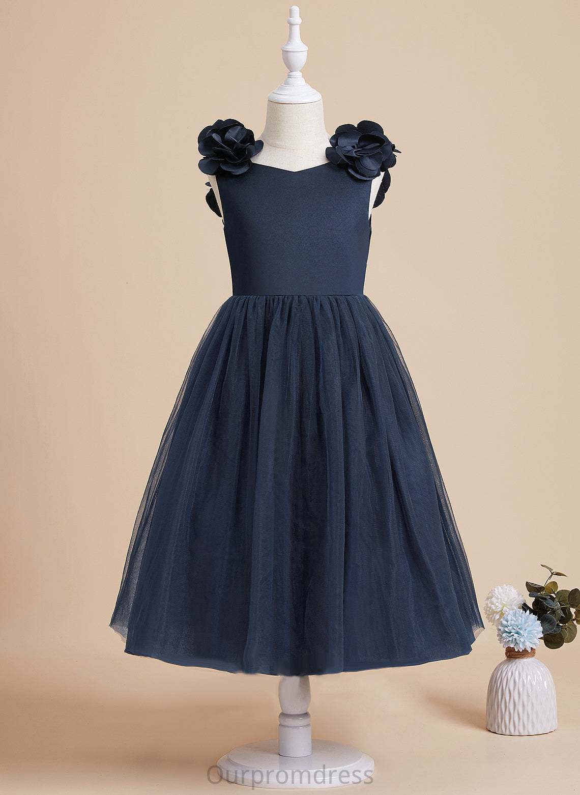 A-Line V-neck Flower(s)/Bow(s) Flower Girl Dresses Girl With Tea-length Satin/Tulle Dress Gillian Sleeveless - Flower