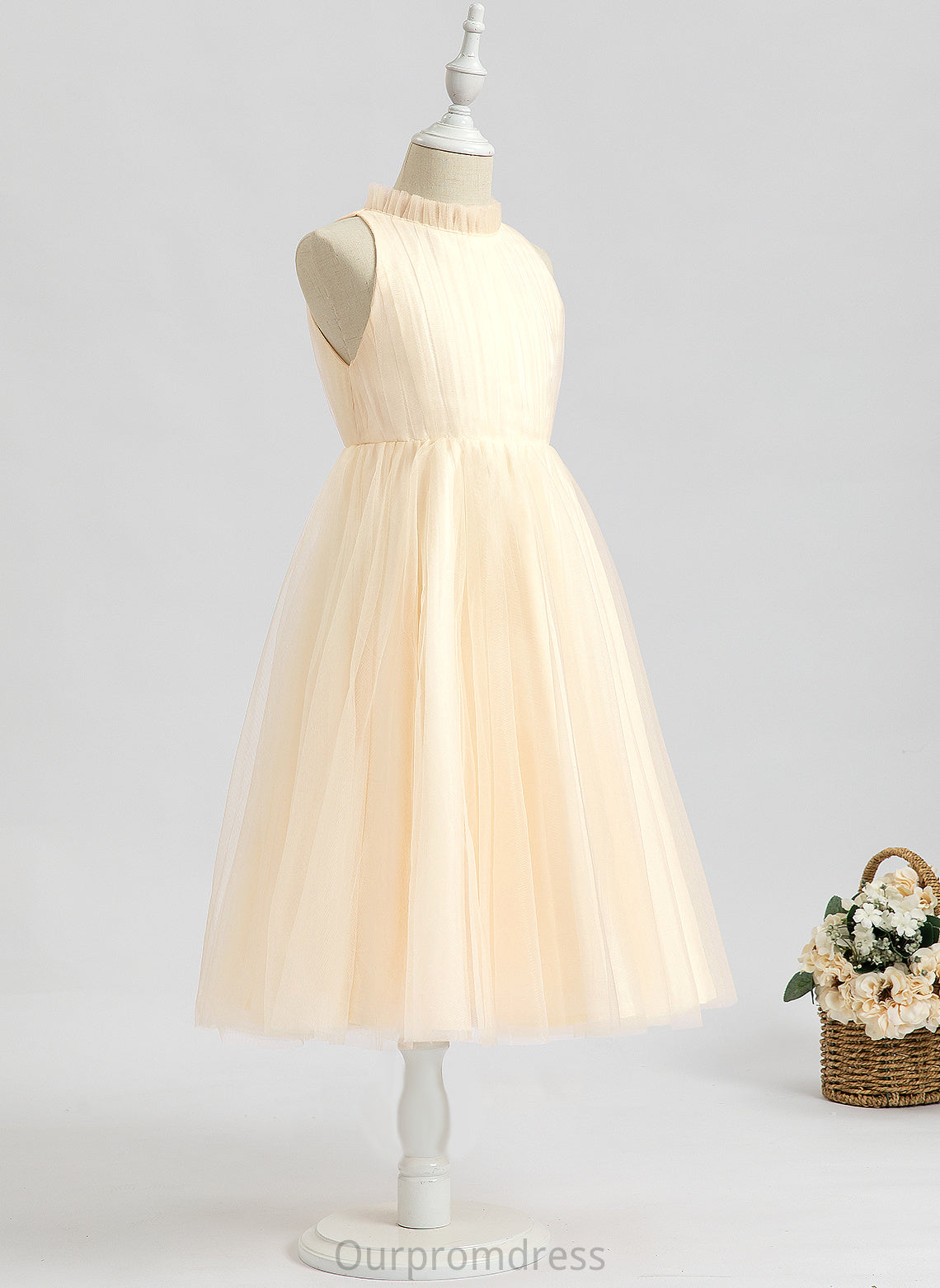 Tea-length A-Line Sleeveless Dress Journey Tulle - High Neck Girl Flower Flower Girl Dresses