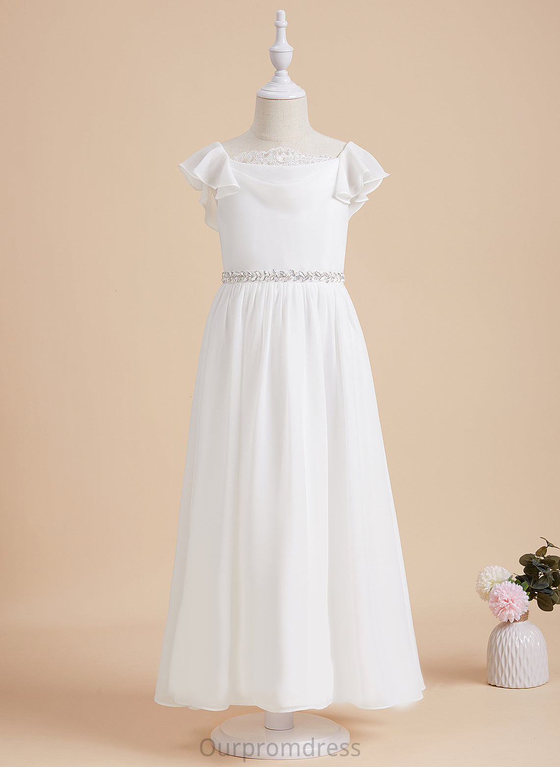 Beading Jaylah Dress Girl Sleeves A-Line Neck With Short Chiffon/Lace Scoop Flower Ankle-length - Flower Girl Dresses