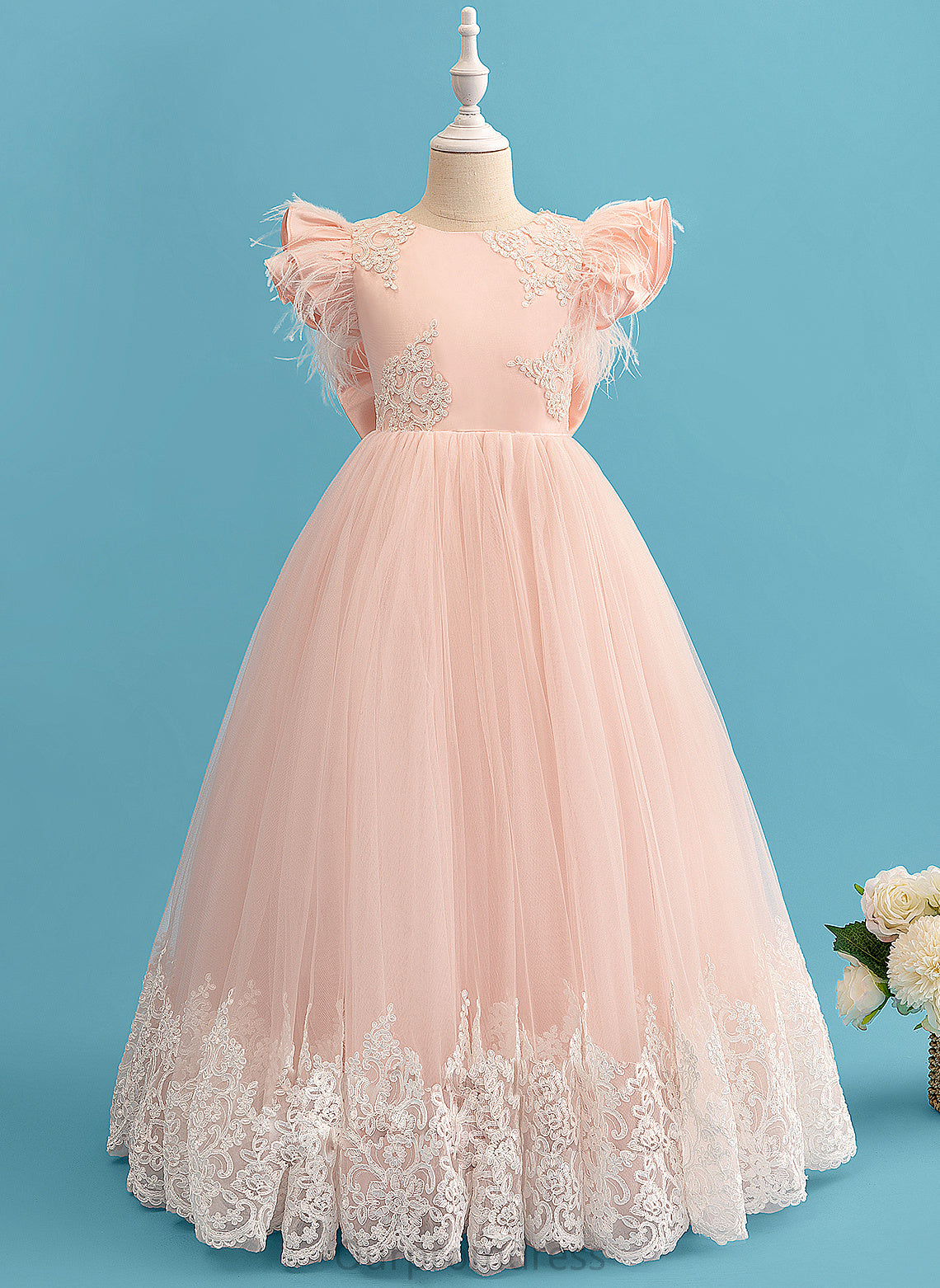 With Lace Ruffles/Feather/Bow(s) Flower Girl Dresses - Girl Short Ball-Gown/Princess Flower Neck Reyna Dress Sleeves Scoop Floor-length