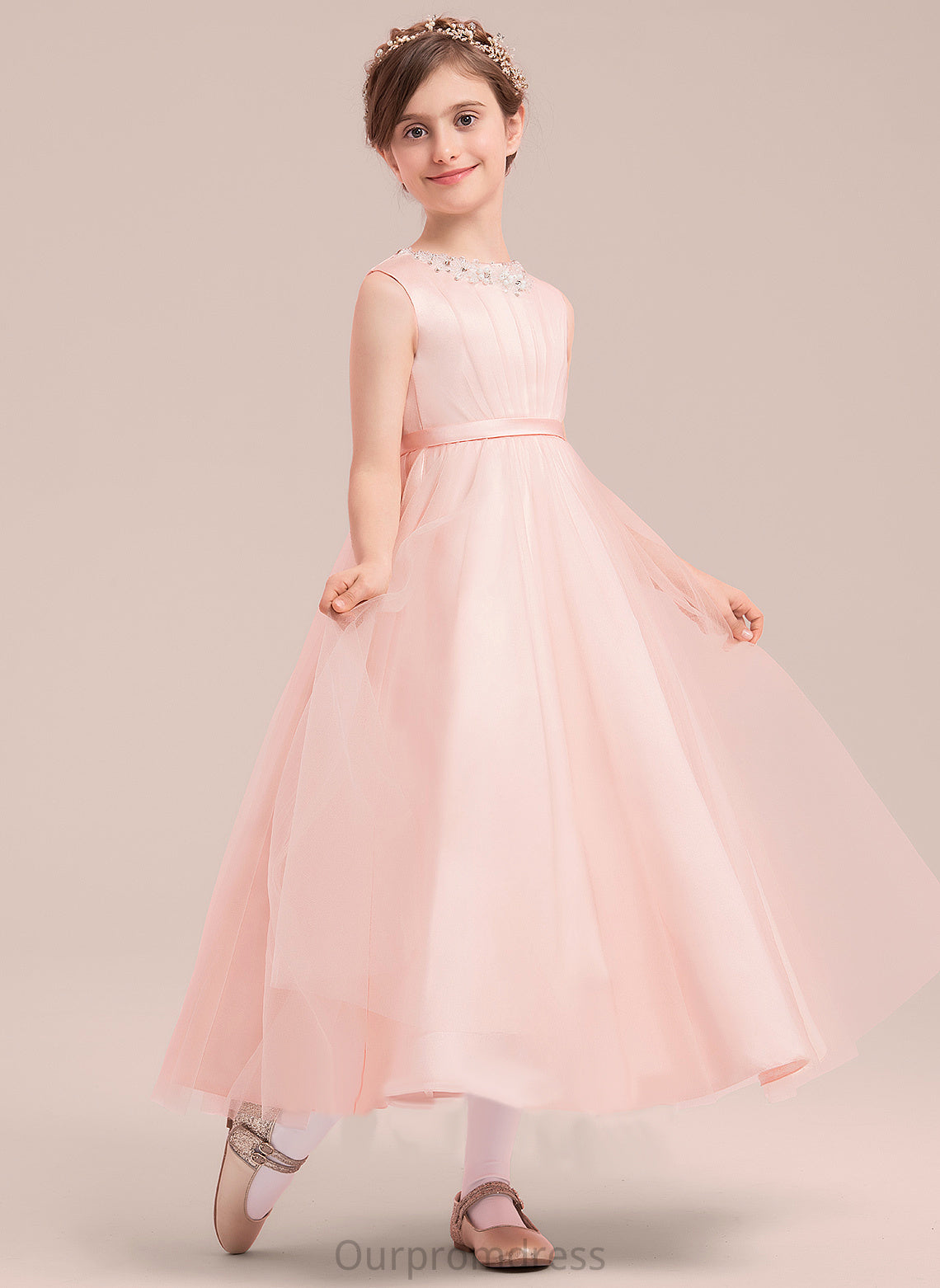 Flower Girl Dresses Sleeveless A-Line/Princess Paige Scoop Flower Dress Girl With Satin/Tulle Ankle-length - Beading/Bow(s) Neck