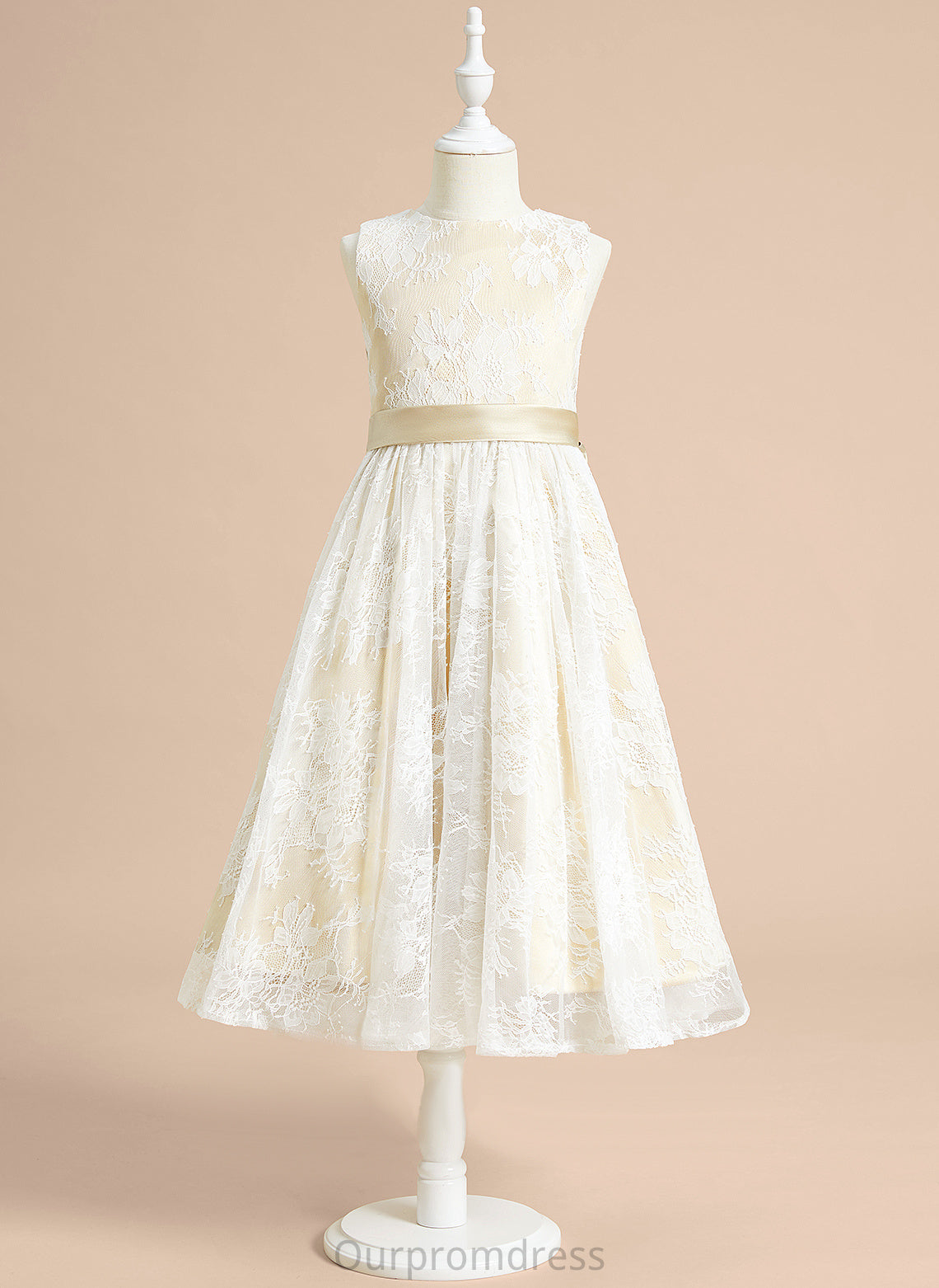 With Neck Flower Satin/Lace A-Line Bow(s) Dress Tea-length Sleeveless Scoop - Girl Flower Girl Dresses Carla