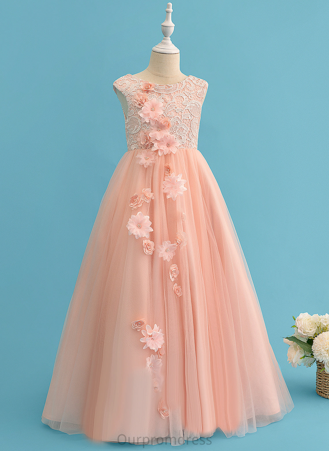 Flower Girl Dresses Flower Floor-length Joan Dress Beading/Flower(s) Tulle/Lace Scoop Ball-Gown/Princess Girl - Neck With Sleeveless