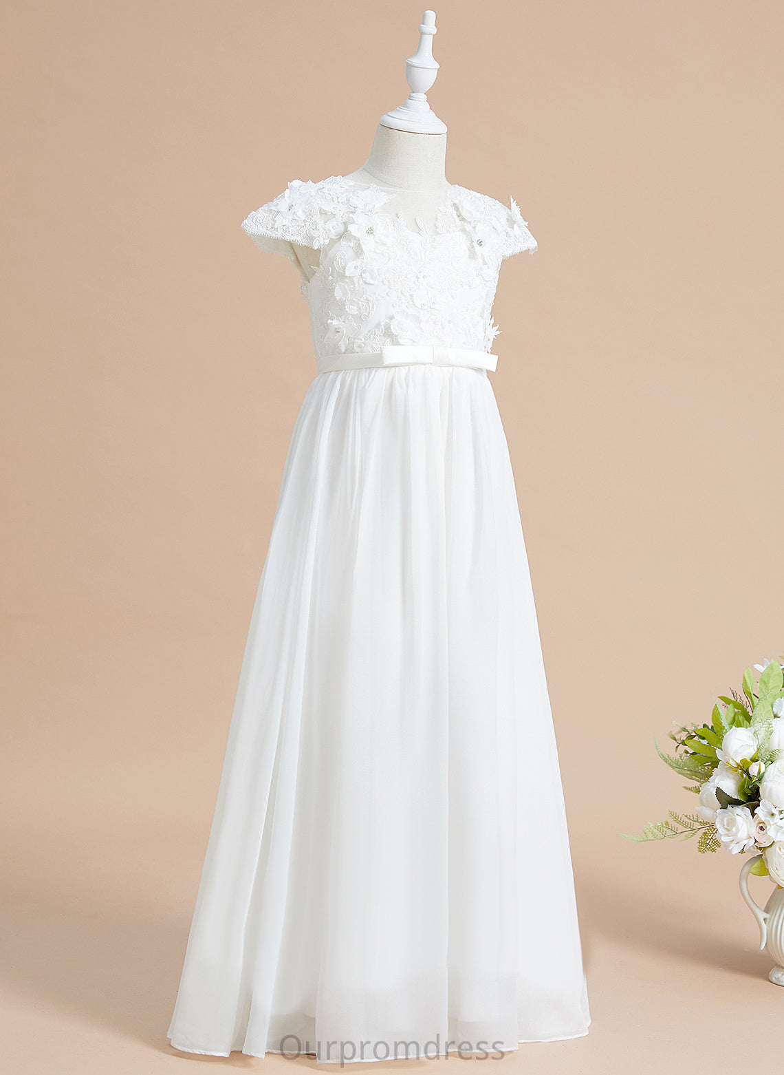 A-Line Floor-length - Flower(s) Flower Chiffon/Lace Flower Girl Dresses Neck Short Sleeves With Dress Alannah Girl Scoop