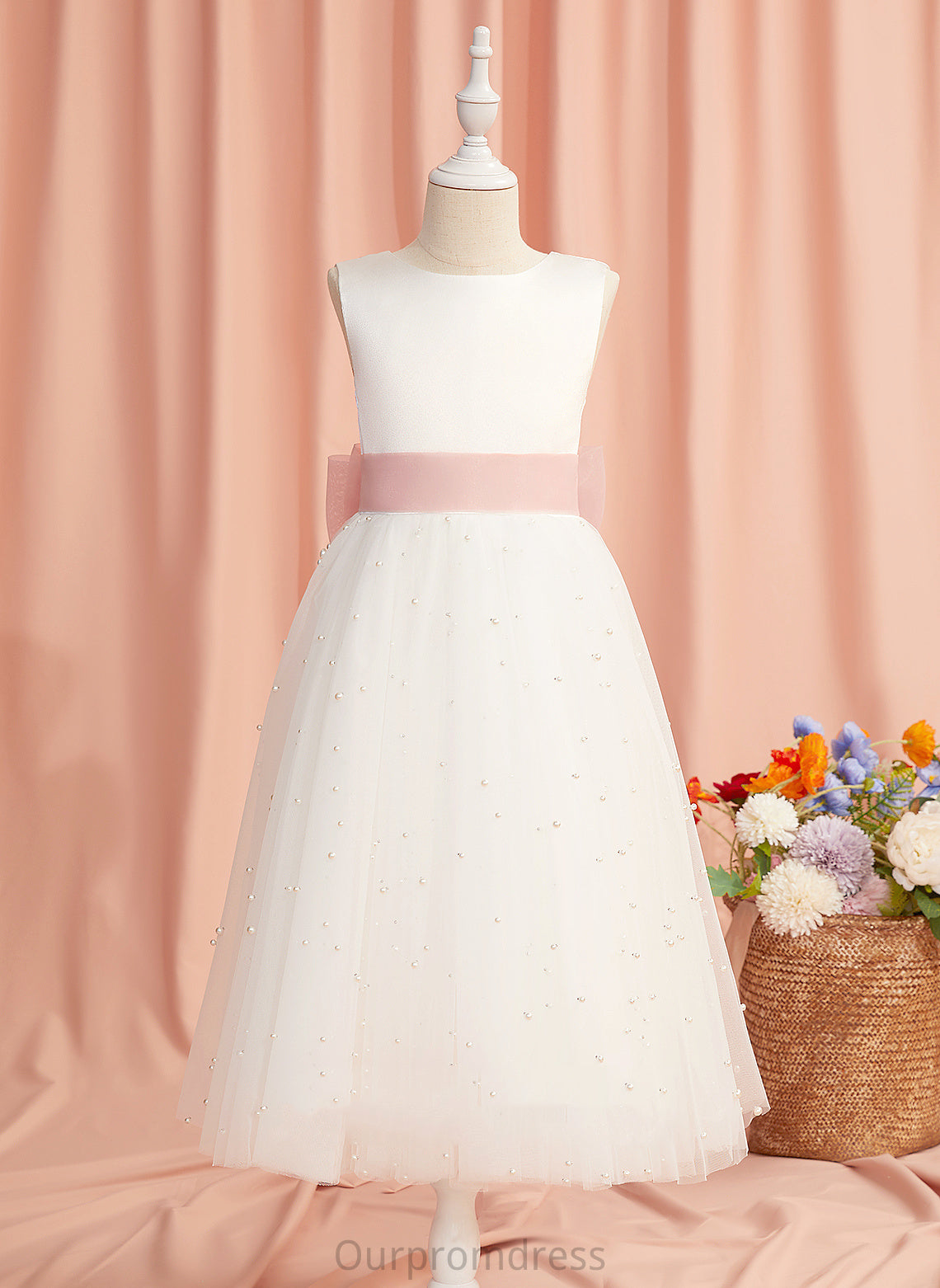 Neck A-Line Scoop Girl Krista Flower Dress Satin/Tulle Back Tea-length - Sleeveless Sash/Bow(s)/V With Flower Girl Dresses