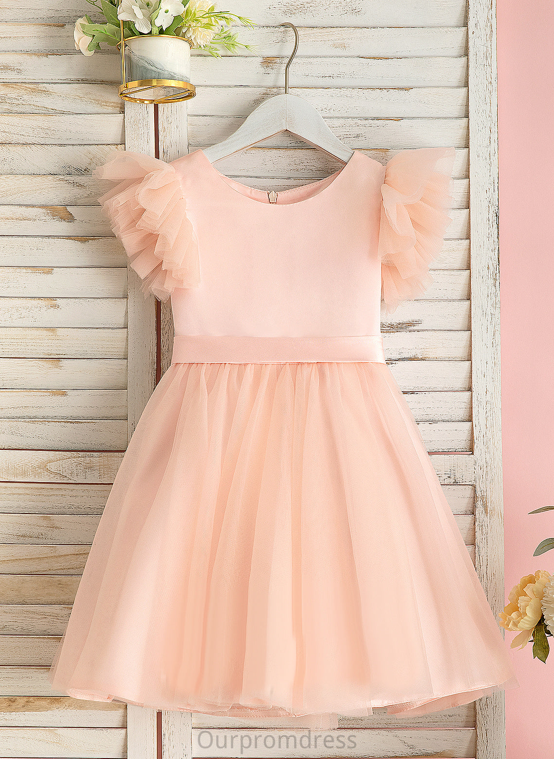 Short Sal Girl Knee-length Sleeves A-Line Dress Neck Tulle Flower Scoop - Flower Girl Dresses