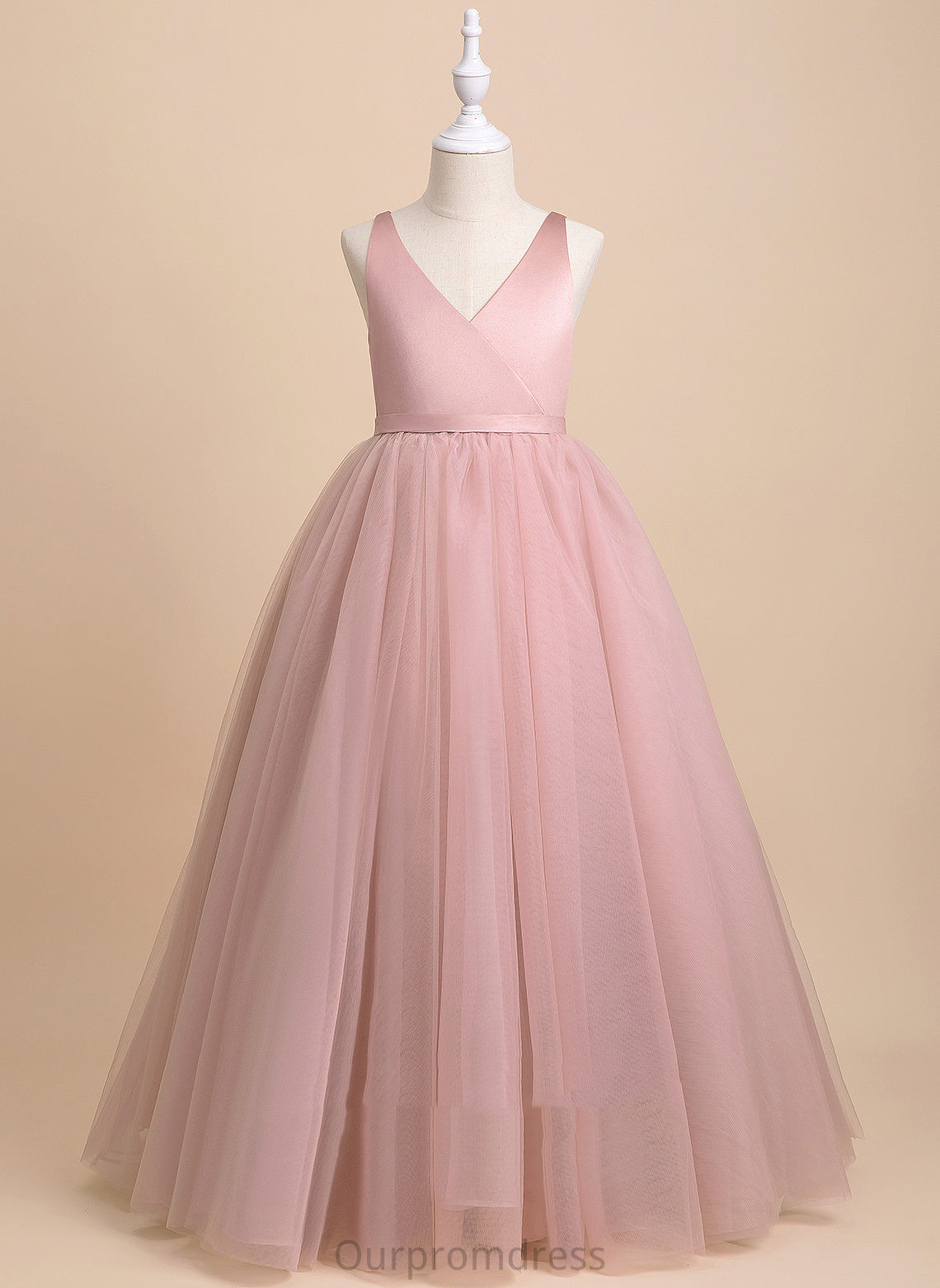 Tulle Flower Girl Dresses Sleeveless V-neck Ball-Gown/Princess Girl Flower Dress Floor-length - With Bow(s)/V Back Emilie