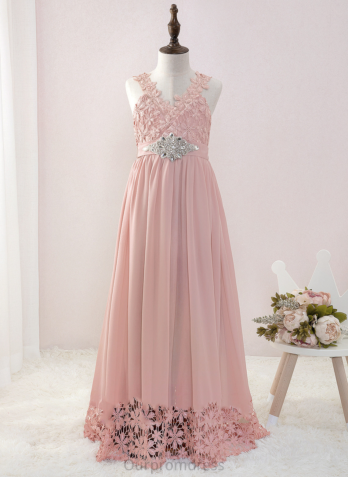 Sleeveless V-neck Beading Dress With Floor-length Jess Chiffon/Lace Flower A-Line Flower Girl Dresses - Girl