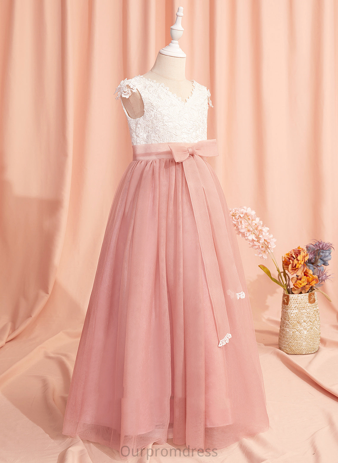 Dress Back Aubree V-neck Flower Girl Dresses Short Ball-Gown/Princess Sash/Bow(s)/V Girl Floor-length Flower Sleeves Tulle With -