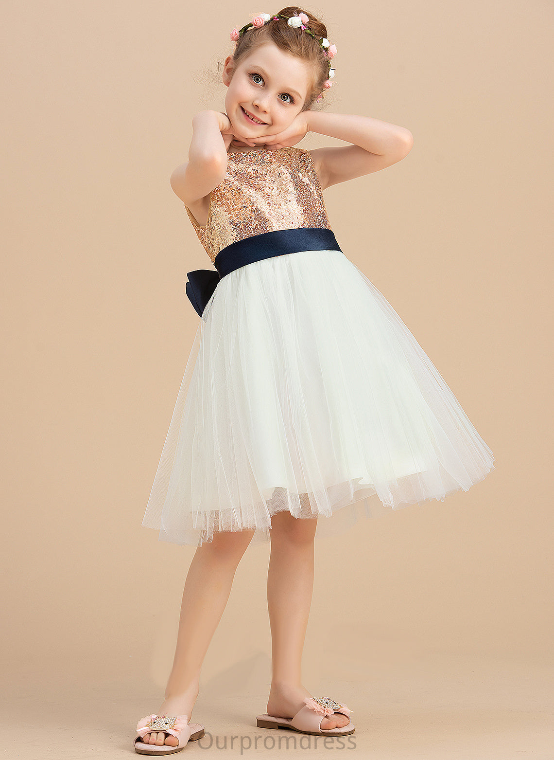 Flower Girl Dresses - Flower (Undetachable Sequins/Bow(s) sash) Scoop With Sleeveless Carolina A-Line Neck Girl Knee-length Dress Satin/Tulle/Sequined