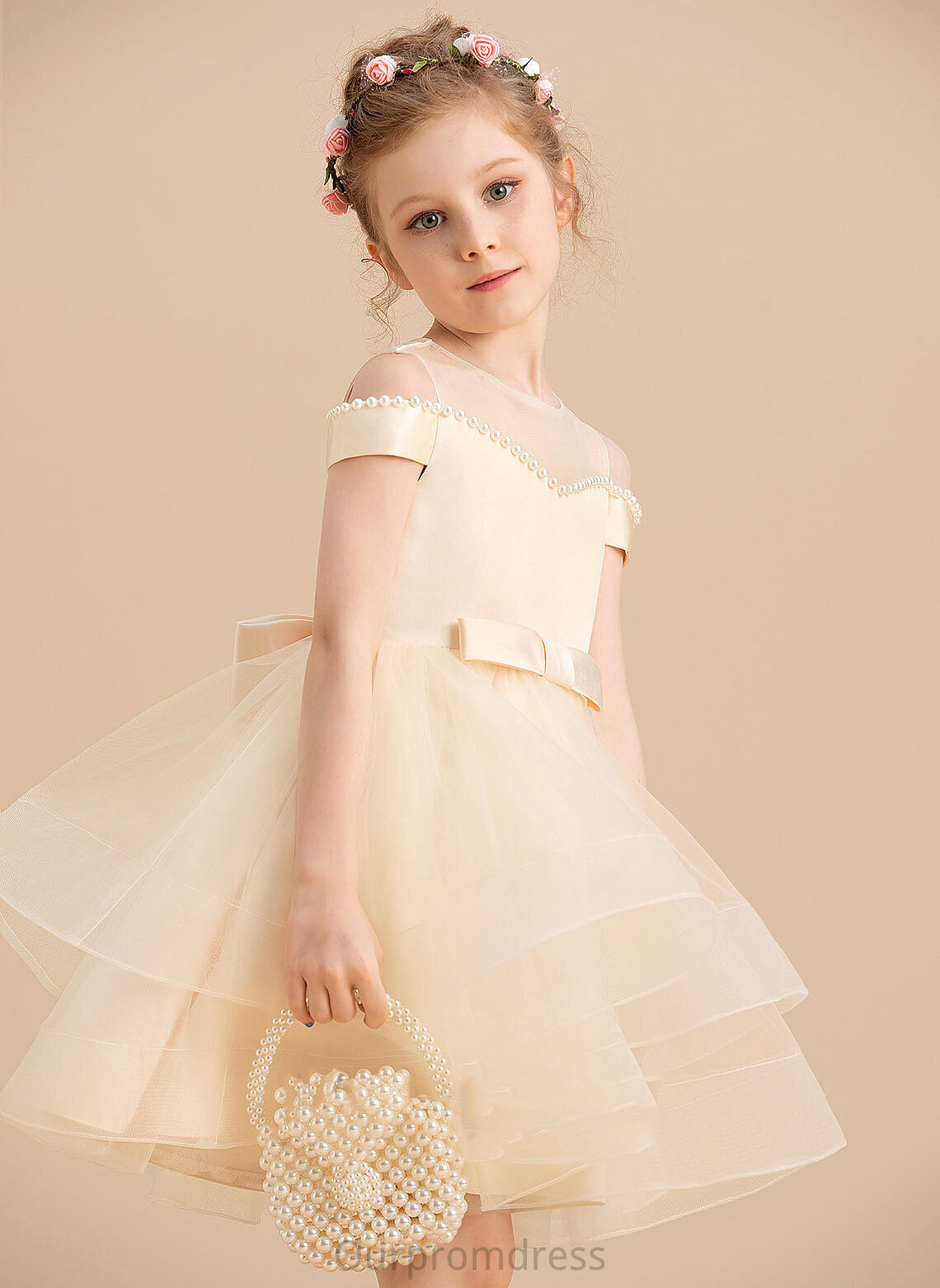 Liliana Flower Knee-length Dress Flower Girl Dresses Scoop Beading/Bow(s) Girl Sleeveless - With Neck Ball-Gown/Princess Satin/Tulle