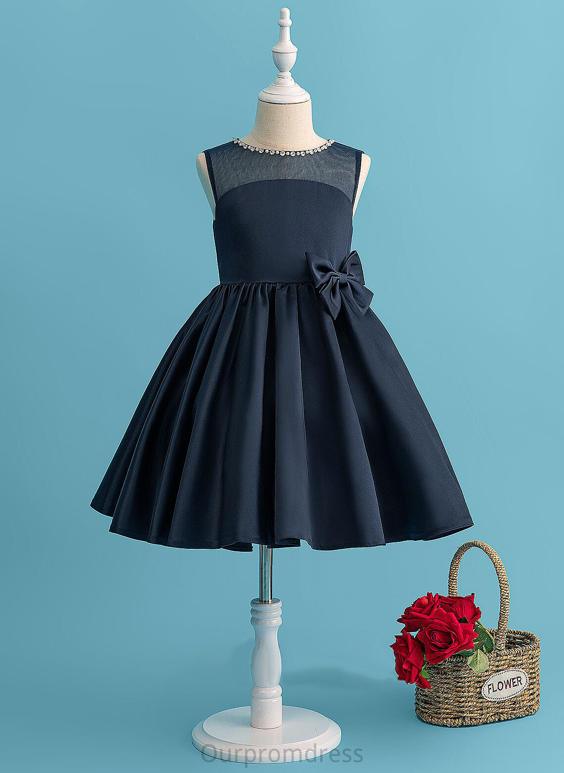 Beading/Bow(s) Viviana Knee-length With Sleeveless A-Line Scoop - Girl Satin Flower Girl Dresses Neck Flower Dress